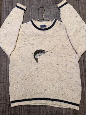 Cypress Links Cream Crewneck Sweater with Trout Motif